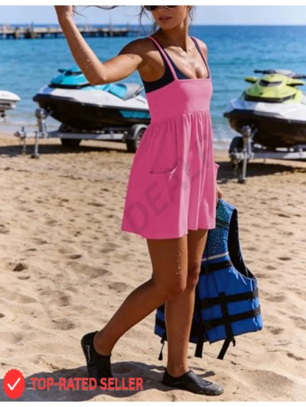 Women's Strappy Square Neck Romper with Pockets, Soft Rayon Spandex Jumpsuit